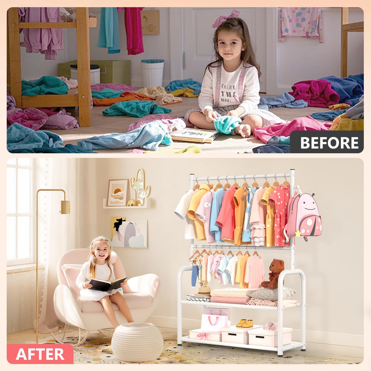 ZHKINGGS dress up rack shown in playroom for easy costume organization.
