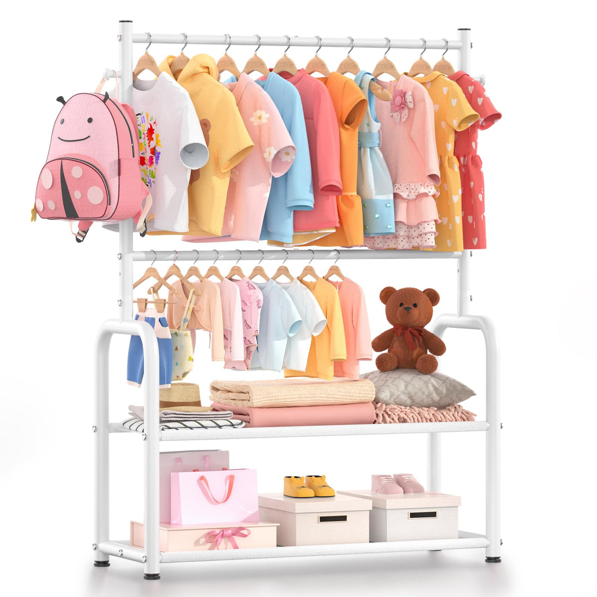 ZHKINGGS kids clothing rack with 2-layer storage shelf keeps playroom neat and accessible.