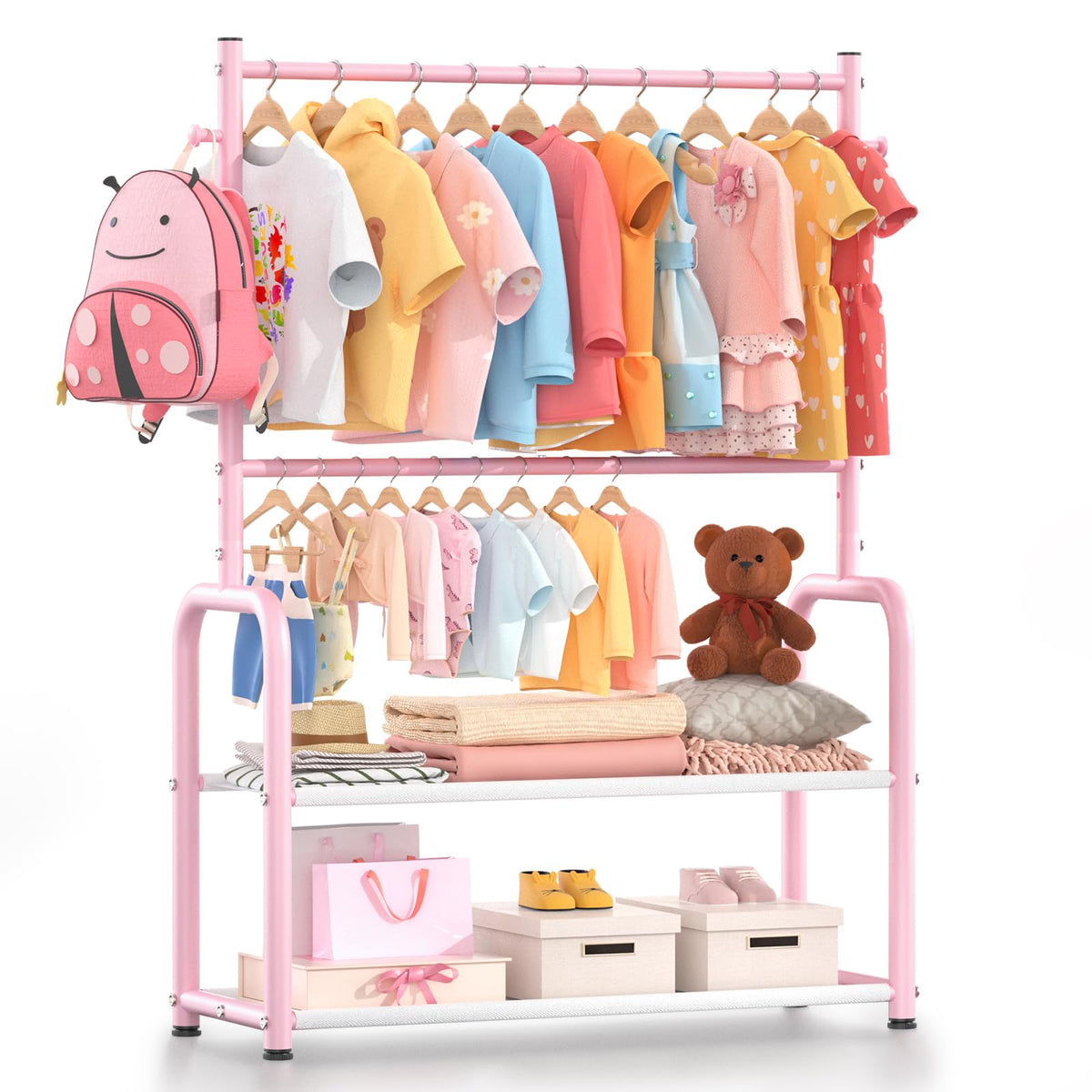 ZHKINGGS kids clothing rack with 2-layer storage keeps outfits organized.