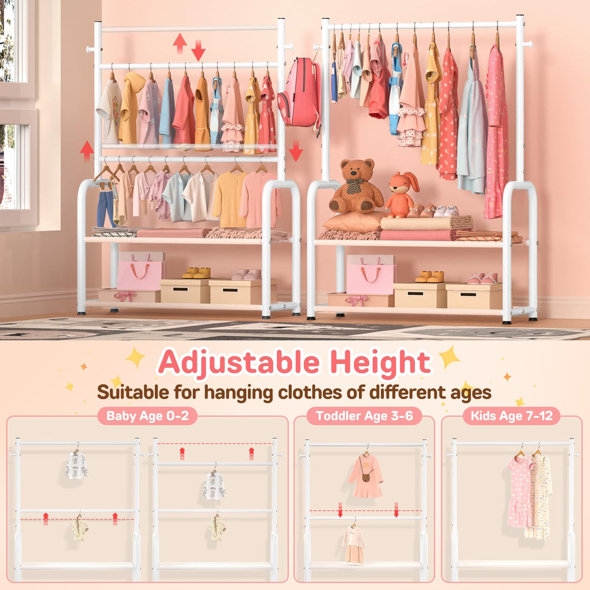 ZHKINGGS kids clothing rack with two adjustable hanging rods grows with your child.