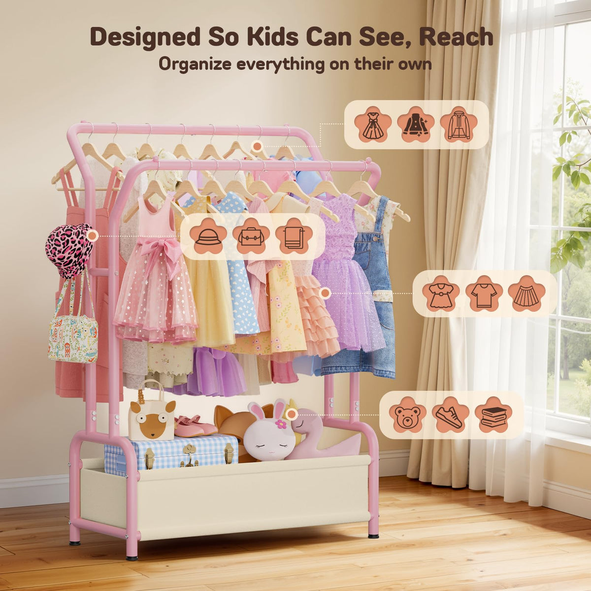 ZHKINGGS dress-up rack keeps costumes visible for quick playtimes