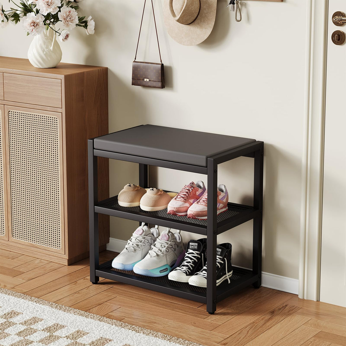 ZHOOGE entryway storage bench provides organized space for shoes and bags.
