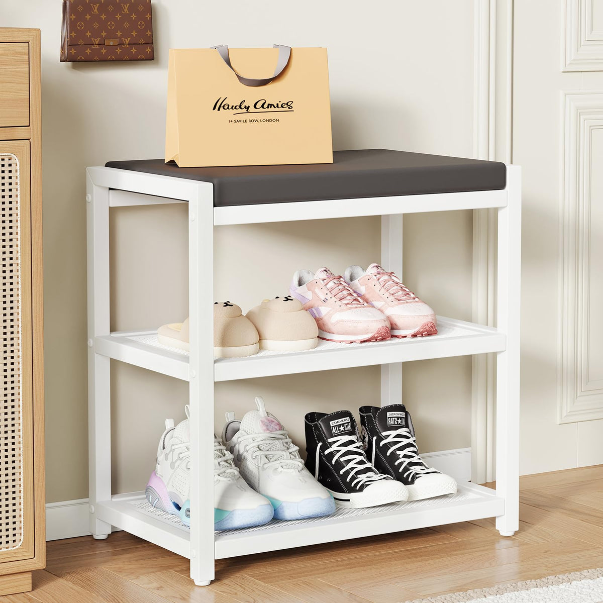 ZHOOGE Small Shoe Bench with cushioned seat for comfortable entryway seating.