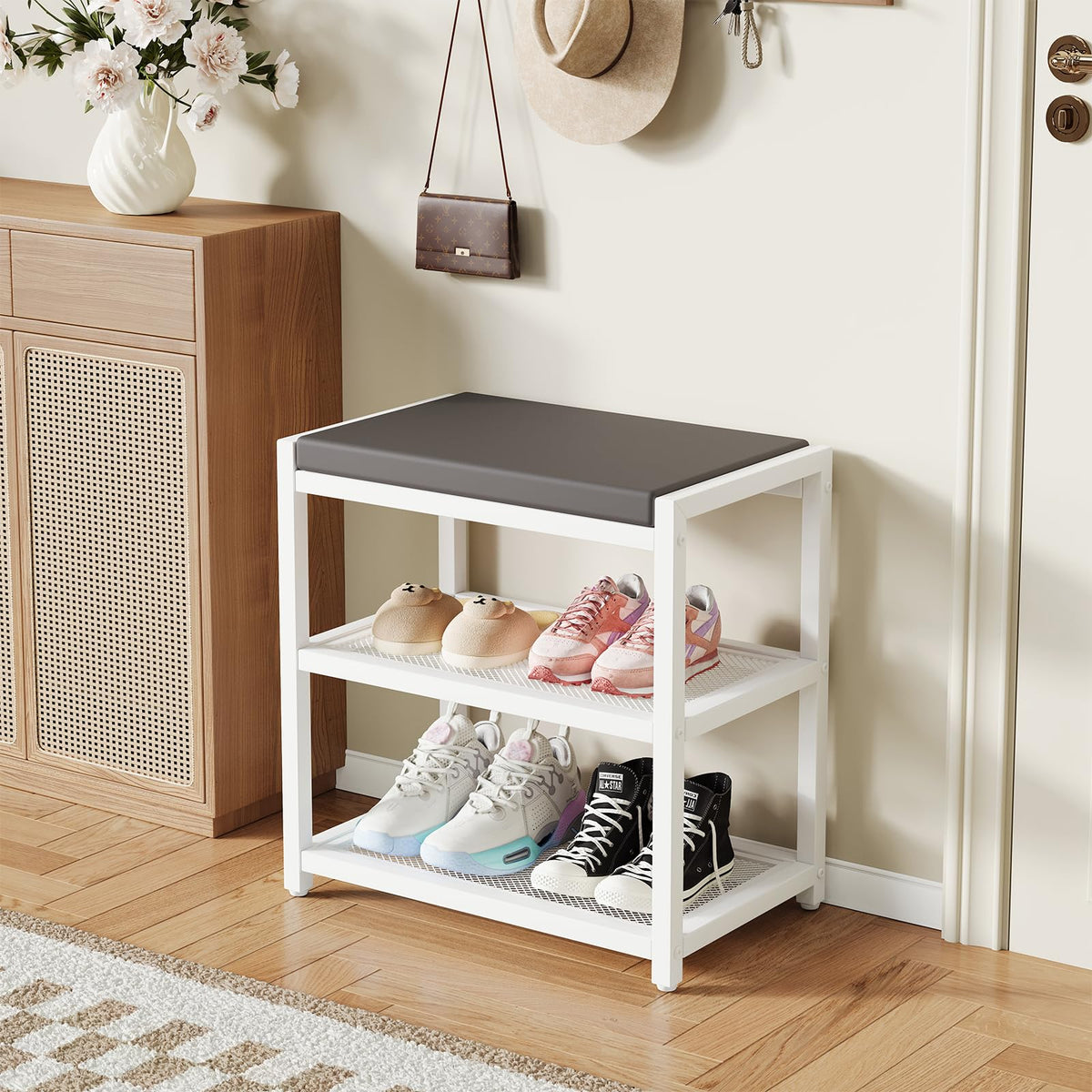 ZHOOGE shoe bench storage area keeps shoes organized and clutter-free.