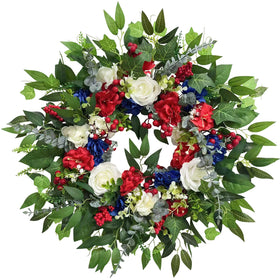 Zhoree 24-inch wreath for front door with red, white, blue accents boosts curb appeal.