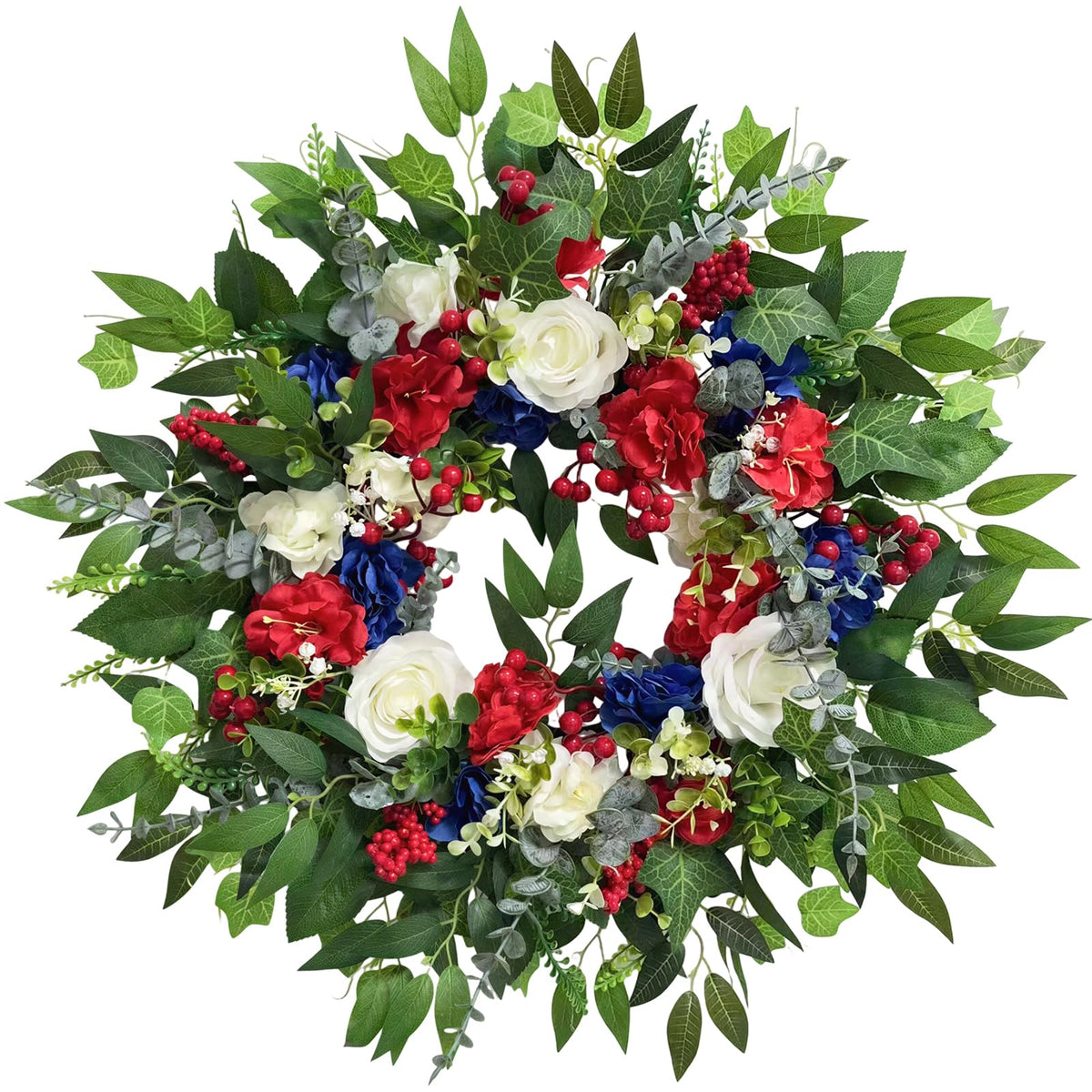 Zhoree 24-inch wreath for front door with red, white, blue accents boosts curb appeal.
