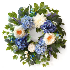 Zhoree 24-inch spring wreath with blue hydrangea and white peony decorates your front door for all-season appeal