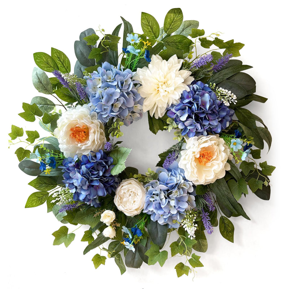 Zhoree 24-inch spring wreath with blue hydrangea and white peony decorates your front door for all-season appeal