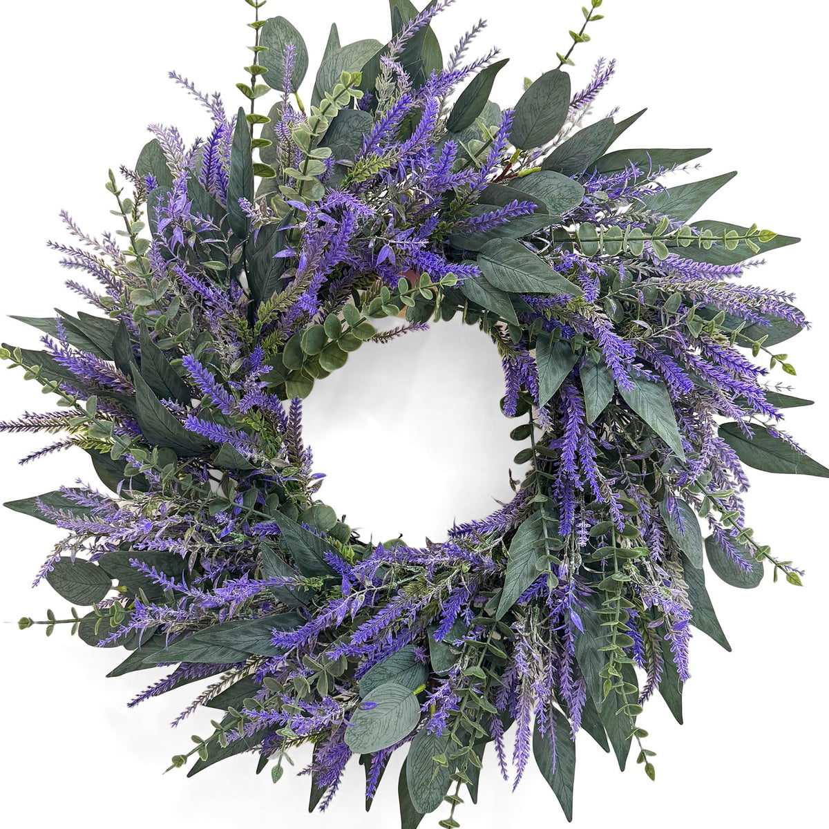 Zhoree 26-inch Lavender Eucalyptus Wreath on the front door for vibrant curb appeal.