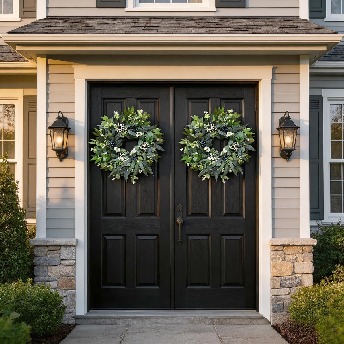 Zhoree eucalyptus wreath decorating kitchen or dining area with natural tones.