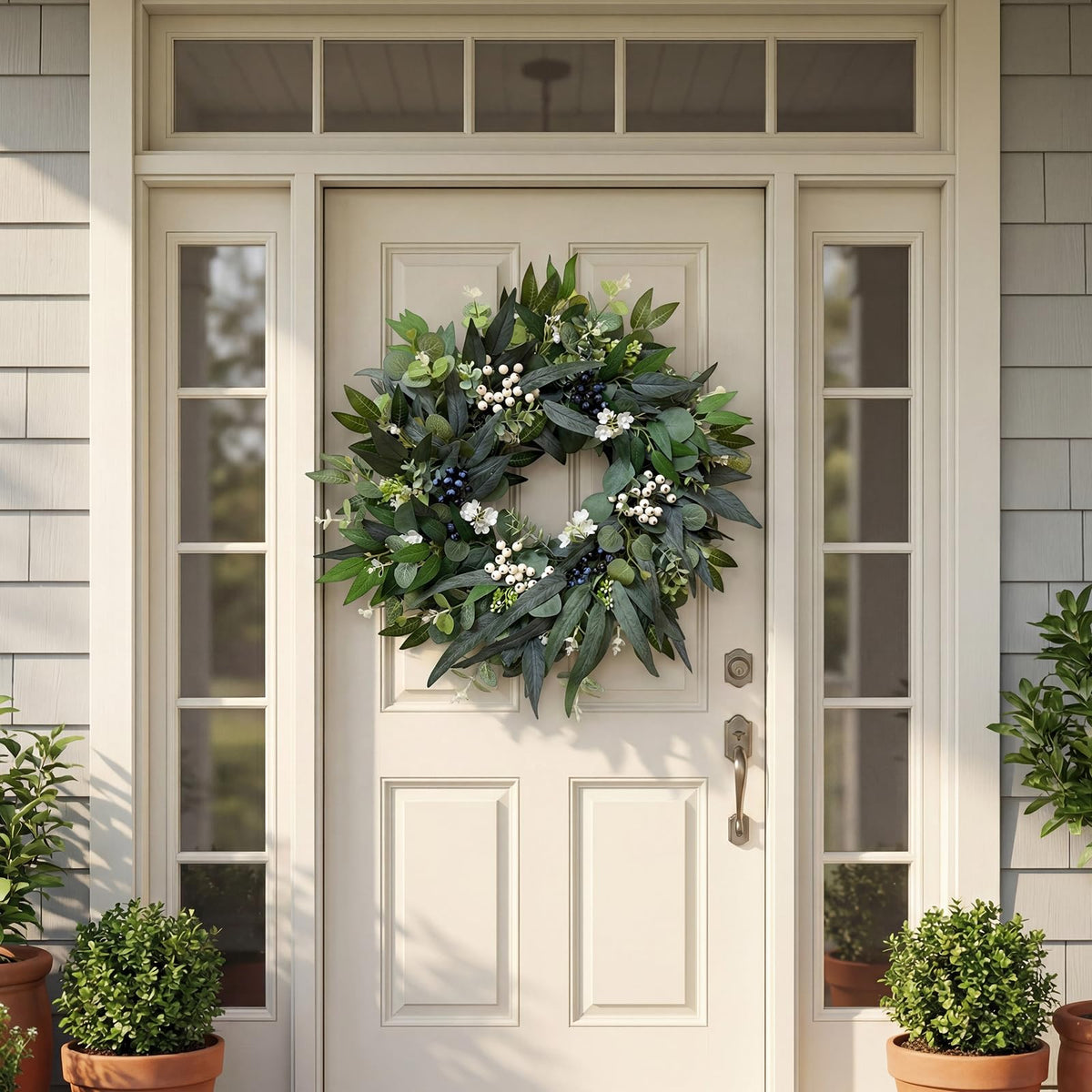 Zhoree eucalyptus wreath with white and blue berries for entrance decor.