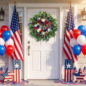 Zhoree patriotic wreath highlights red white blue flowers for Memorial Day decor.