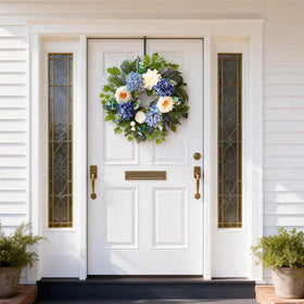 Zhoree silk wreath featuring blue hydrangea and white peonies for indoor or sheltered outdoor use