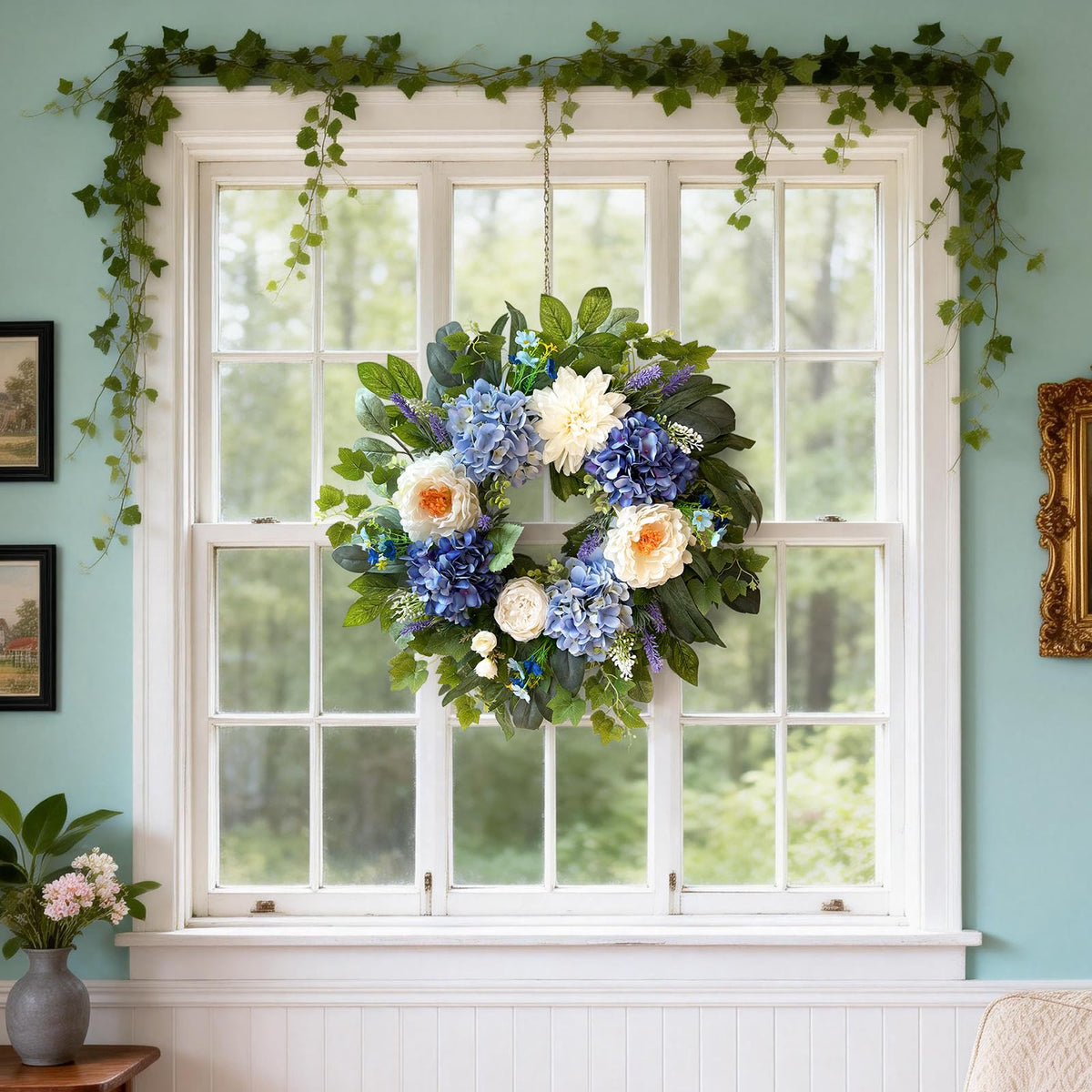 Zhoree wall decor spring wreath in blue hydrangea for stylish interiors