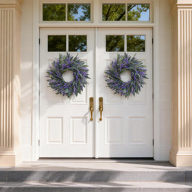 Zhoree wreath displayed on a living room wall adds natural color.