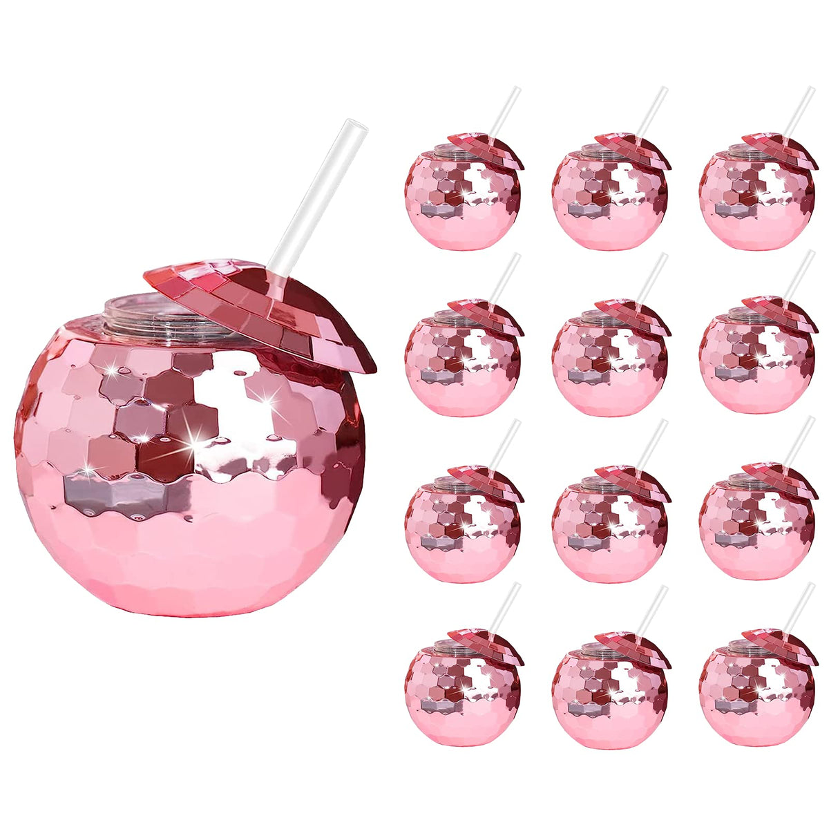 Zhuruinin disco ball cups with lid and straw in rose gold, ideal for stylish parties.