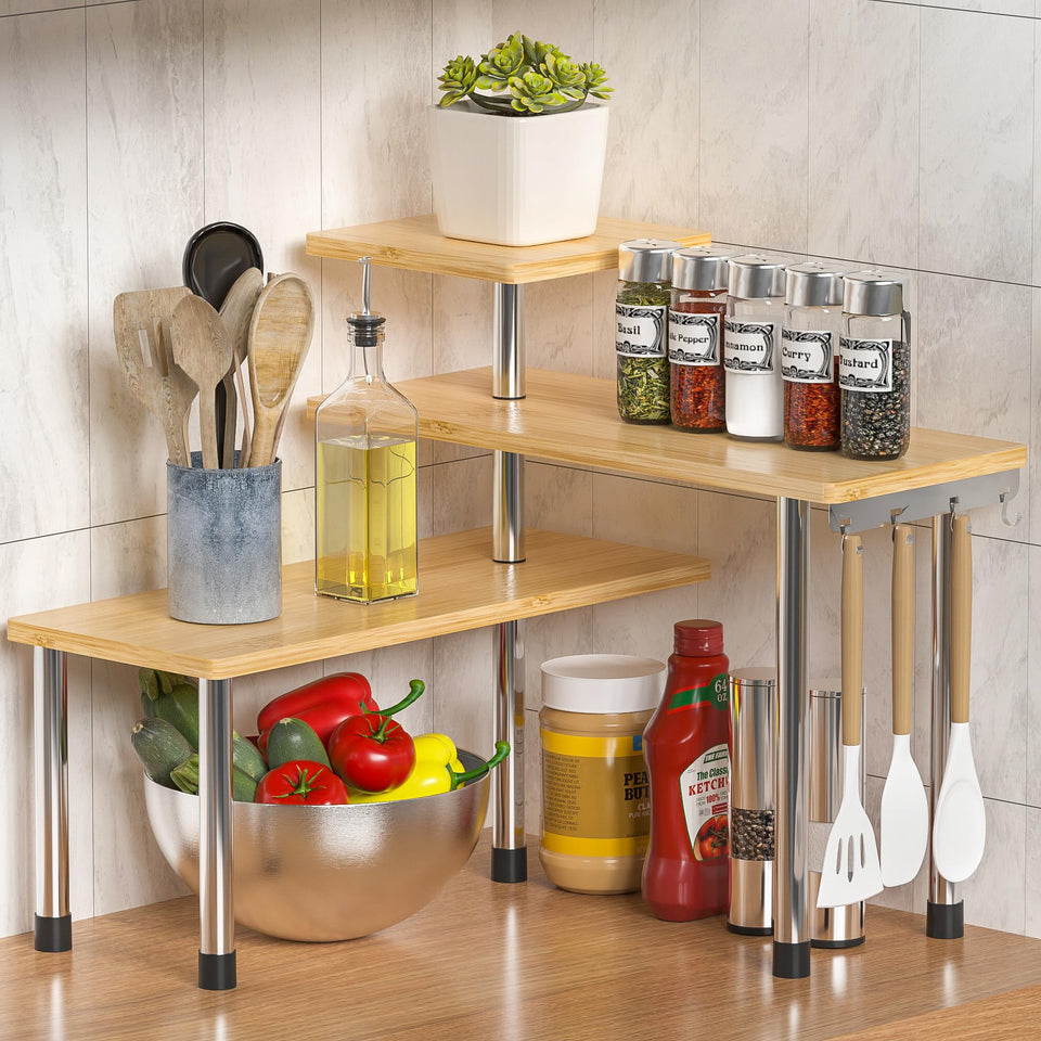 ZHWS bamboo 3-tier corner shelf in assembly on a counter for space-saving setup