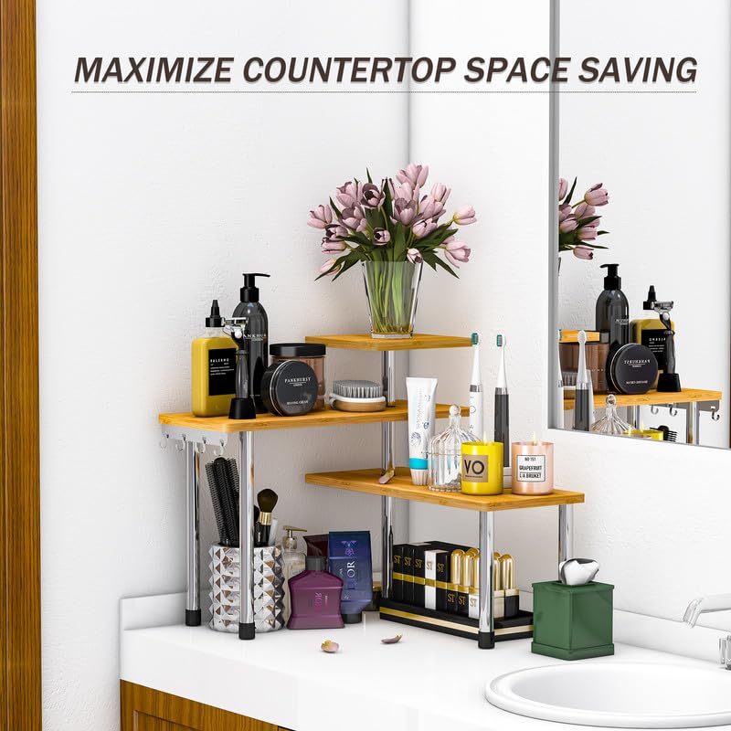 ZHWS bamboo 3-tier corner shelf stores makeup and skincare on bathroom counter