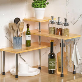 ZHWS bamboo 3-tier corner shelf with non-slip feet protecting countertops