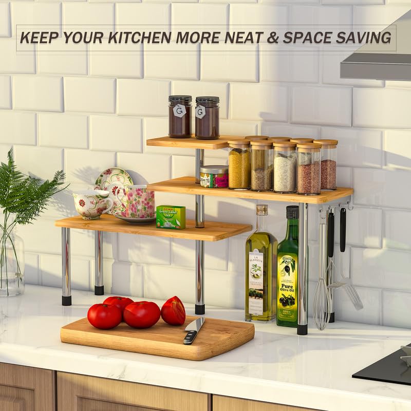 ZHWS bamboo 3-tier corner shelf optimizing countertop space in a busy kitchen