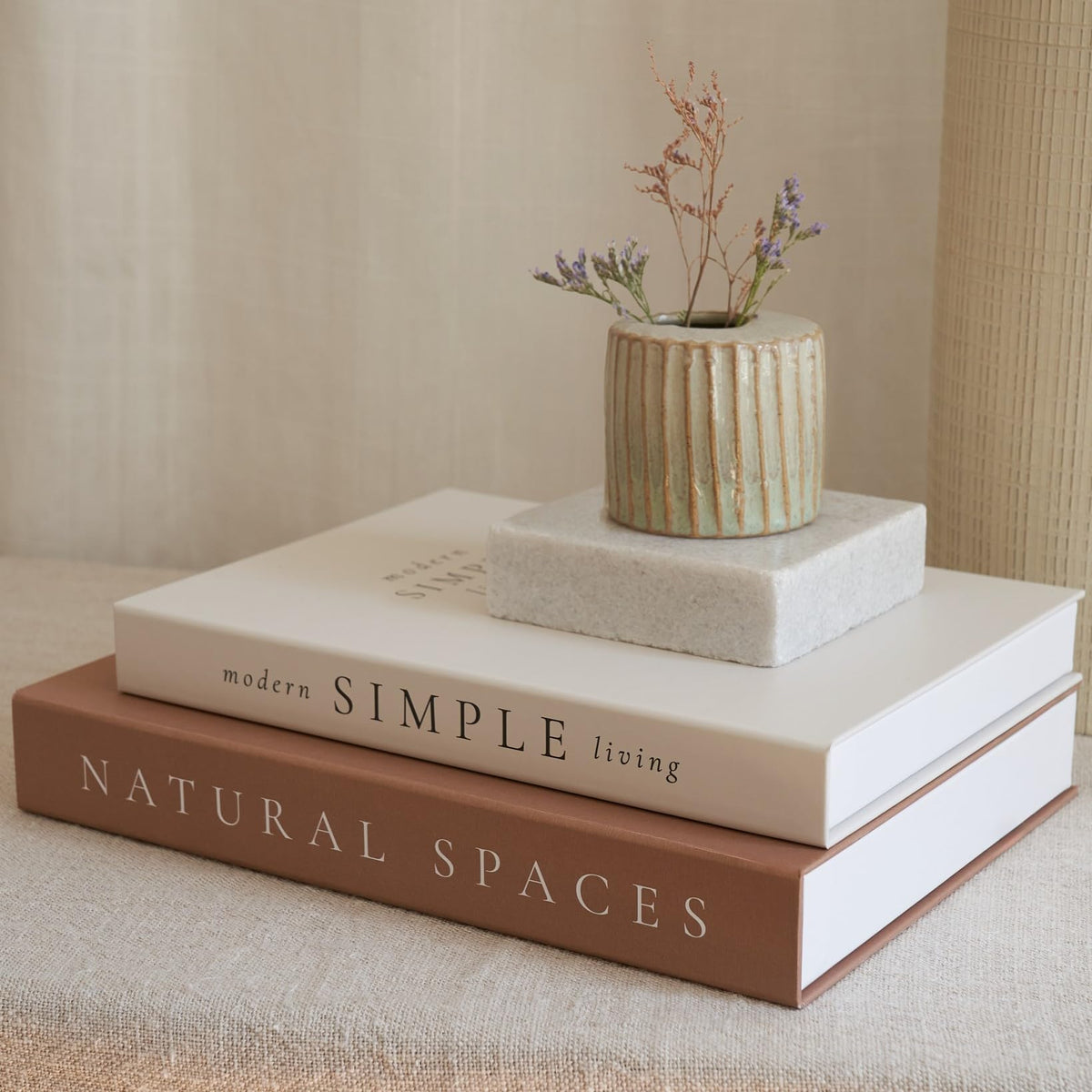 ZICOTO decorative books on a coffee table with spine close-up.