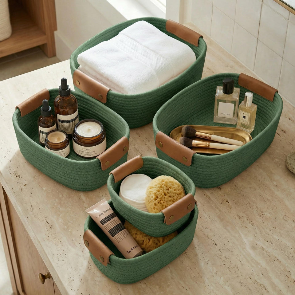 ZICOTO beautiful storage basket set 5 with leather handles for shelf organization