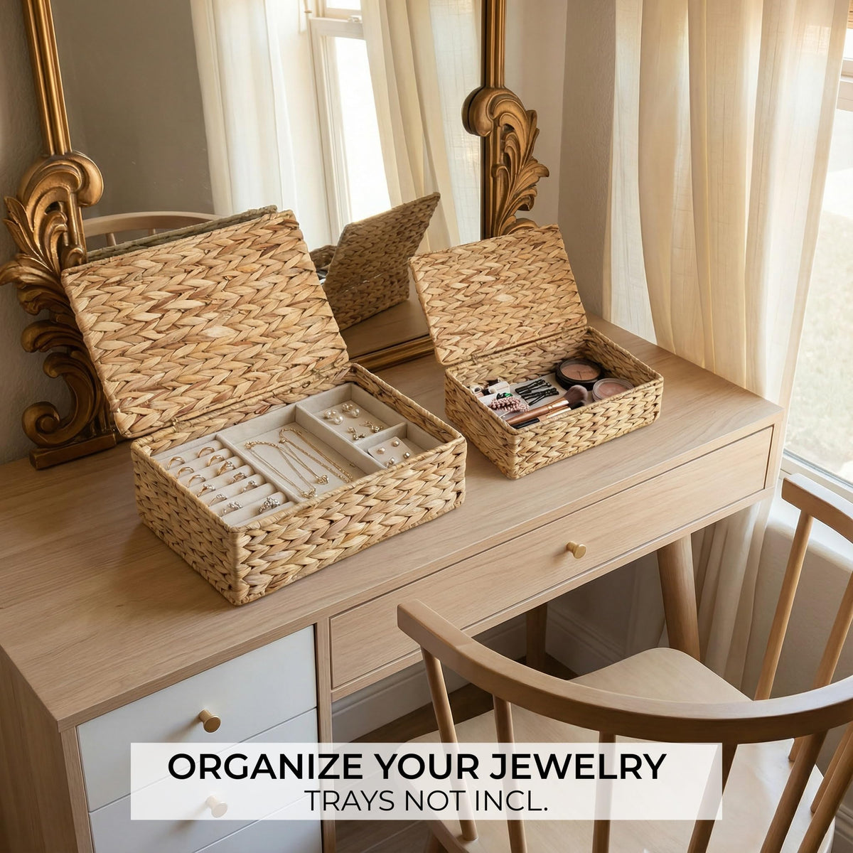 ZICOTO boho-chic display with hyacinth baskets on shelf