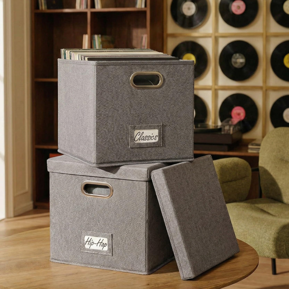 ZICOTO decorative vinyl record storage box with lid keeps dust away and neatly organized.