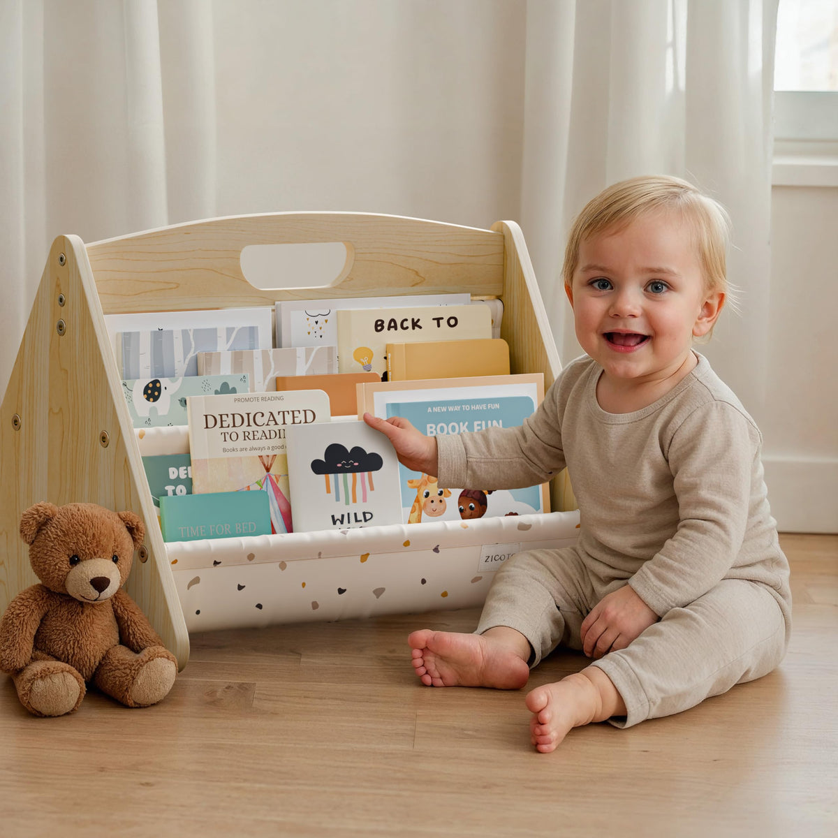 ZICOTO decorative wooden bookshelf with handle keeps toddler books within easy reach.