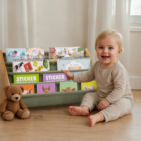 ZICOTO decorative wooden bookshelf keeps kids' books neatly within reach in the playroom.