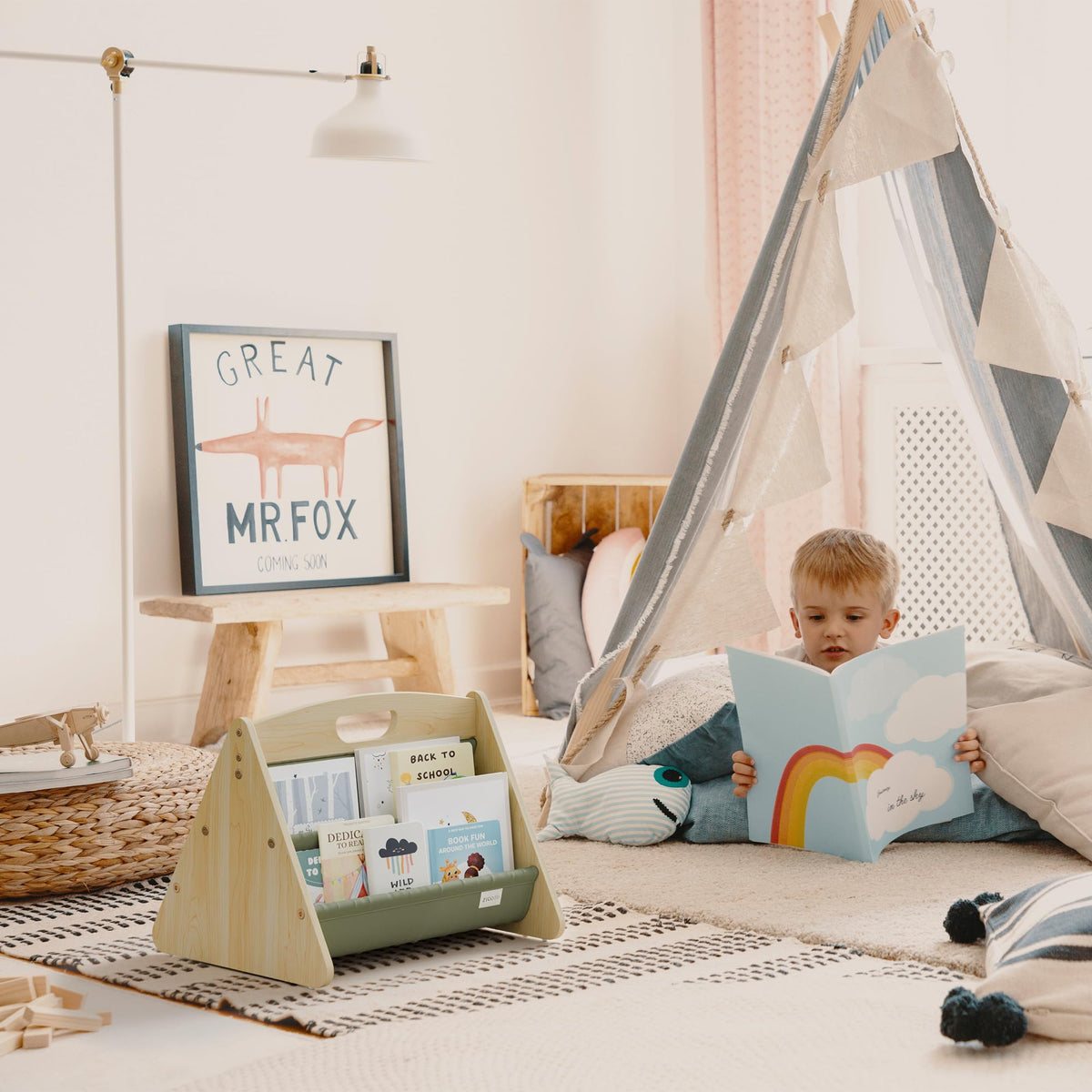 ZICOTO durable wood and fabric bookshelf designed for safe, long-lasting play.