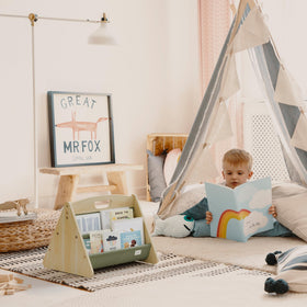 ZICOTO durable wood and fabric bookshelf designed for safe, long-lasting play.