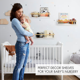 ZICOTO floating wall shelves with easy mounting for toys and photos.