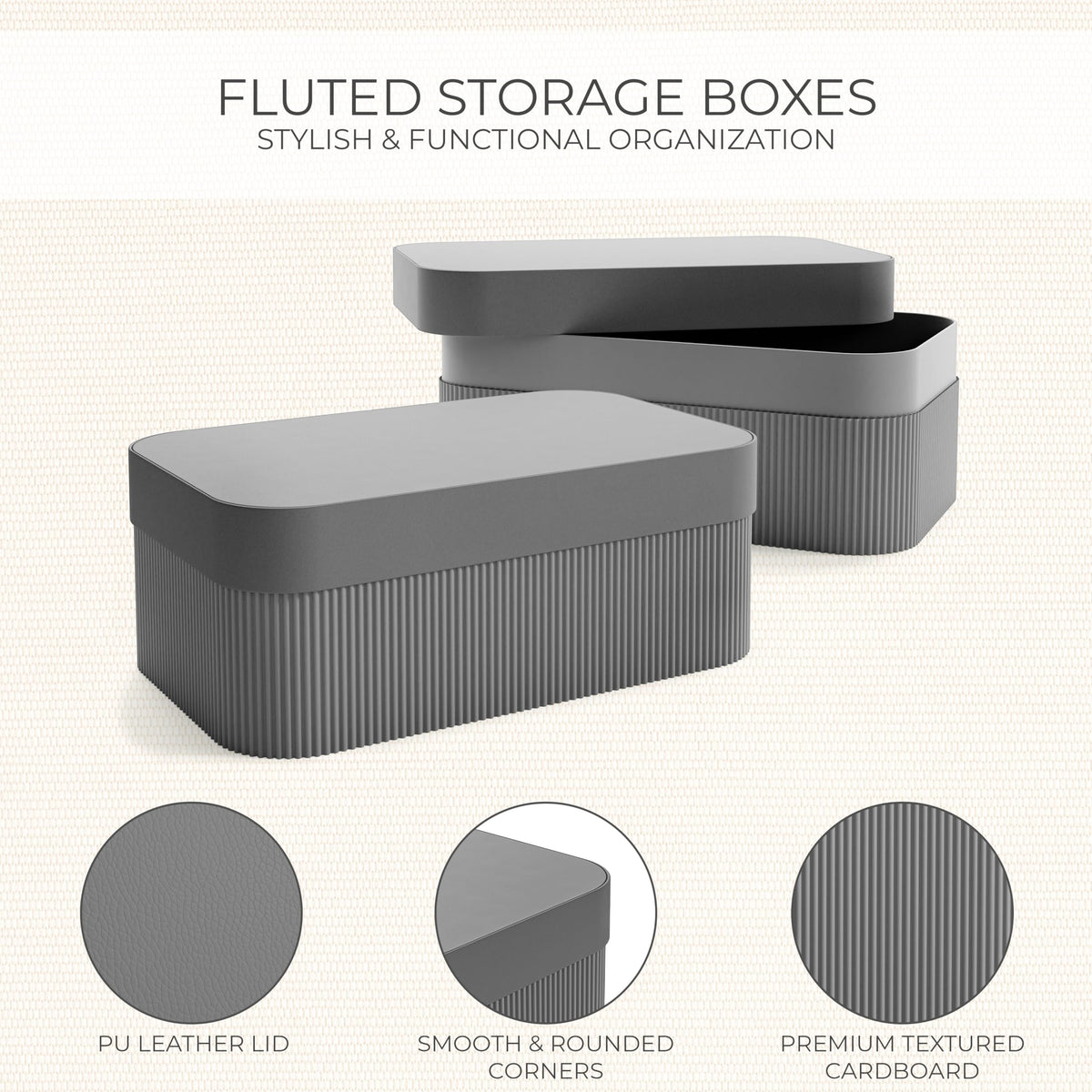 Gray ZICOTO storage boxes displayed on a bookshelf