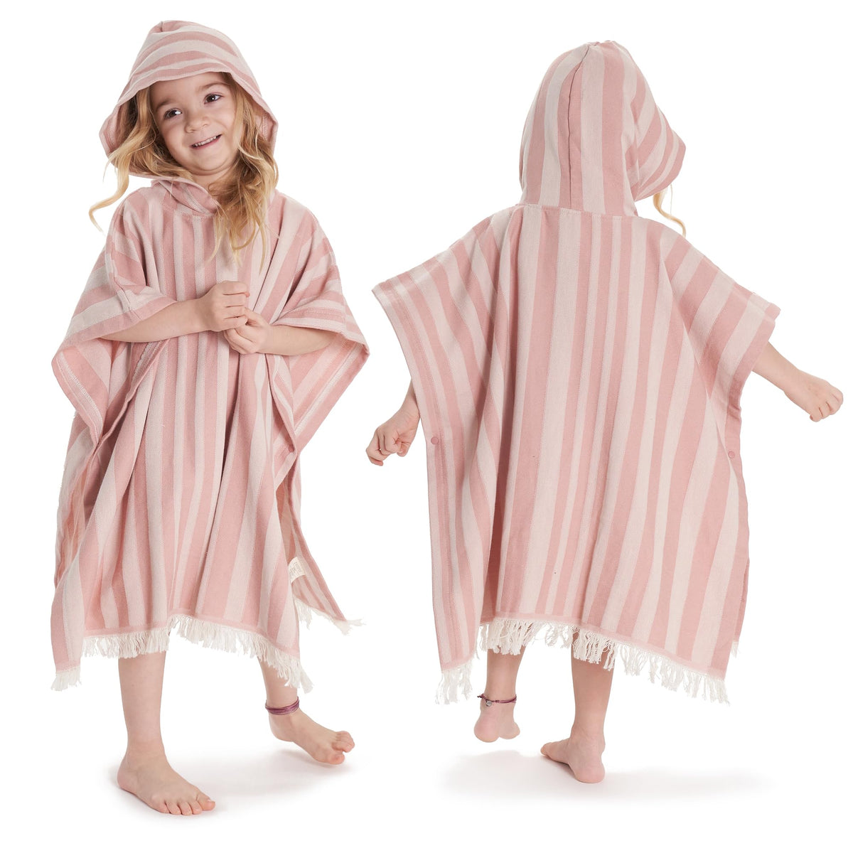 ZICOTO kids hooded towel with stripes in rose color dries after bath time.