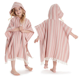 ZICOTO kids hooded towel with stripes in rose color dries after bath time.