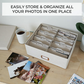 ZICOTO linen photo box compartments for eight sections organizing 4x6 prints.