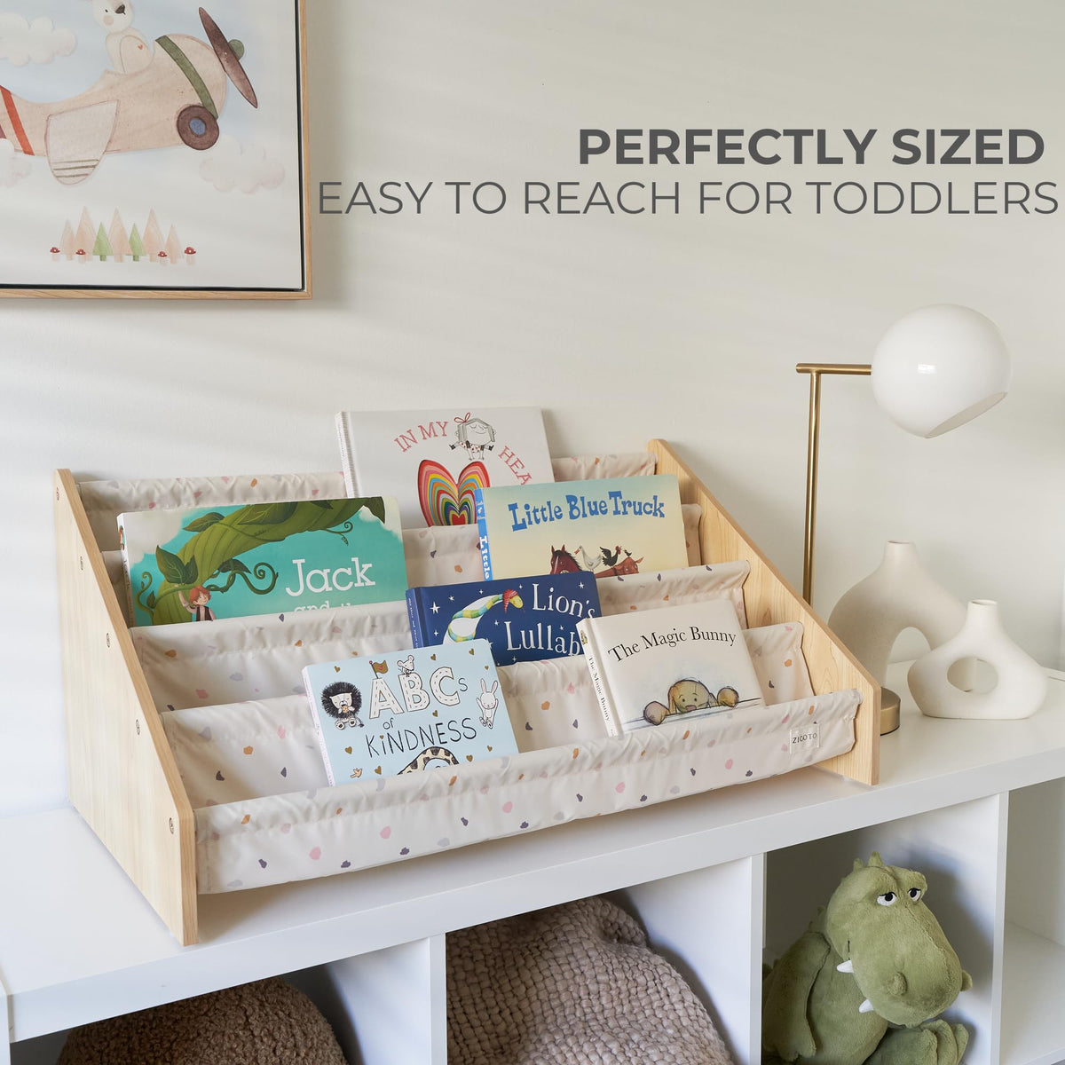 ZICOTO Montessori-style bookcase with soft terrazzo color in room