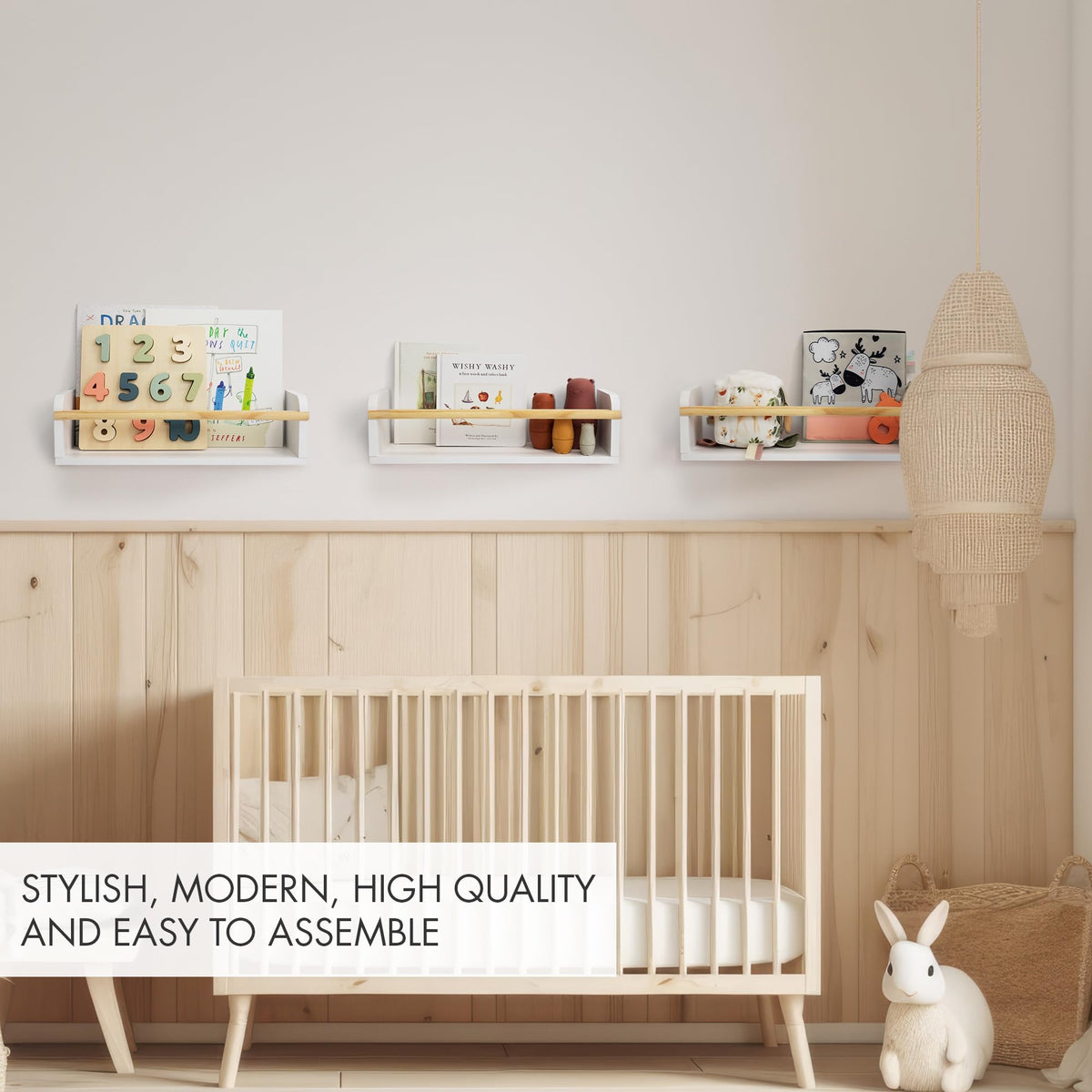 ZICOTO nursery shelves with included hardware for quick setup.