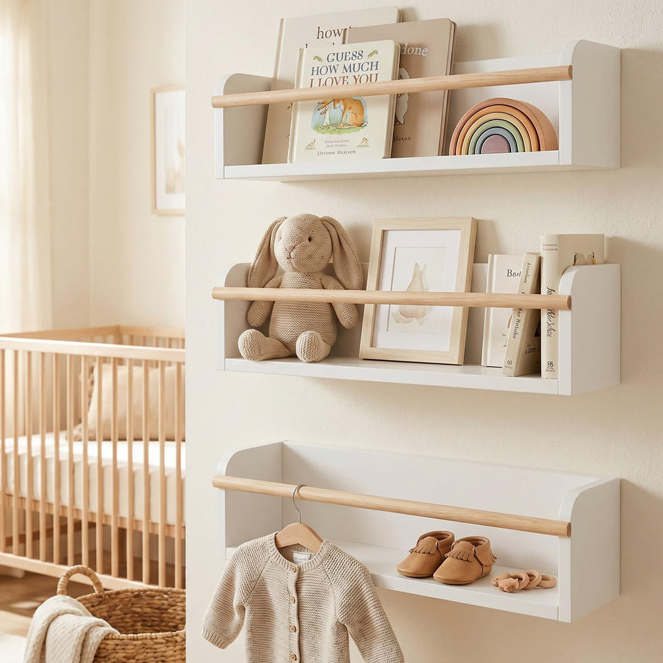 ZICOTO nursery shelves set of 3 in white and natural wood for organized kid books.