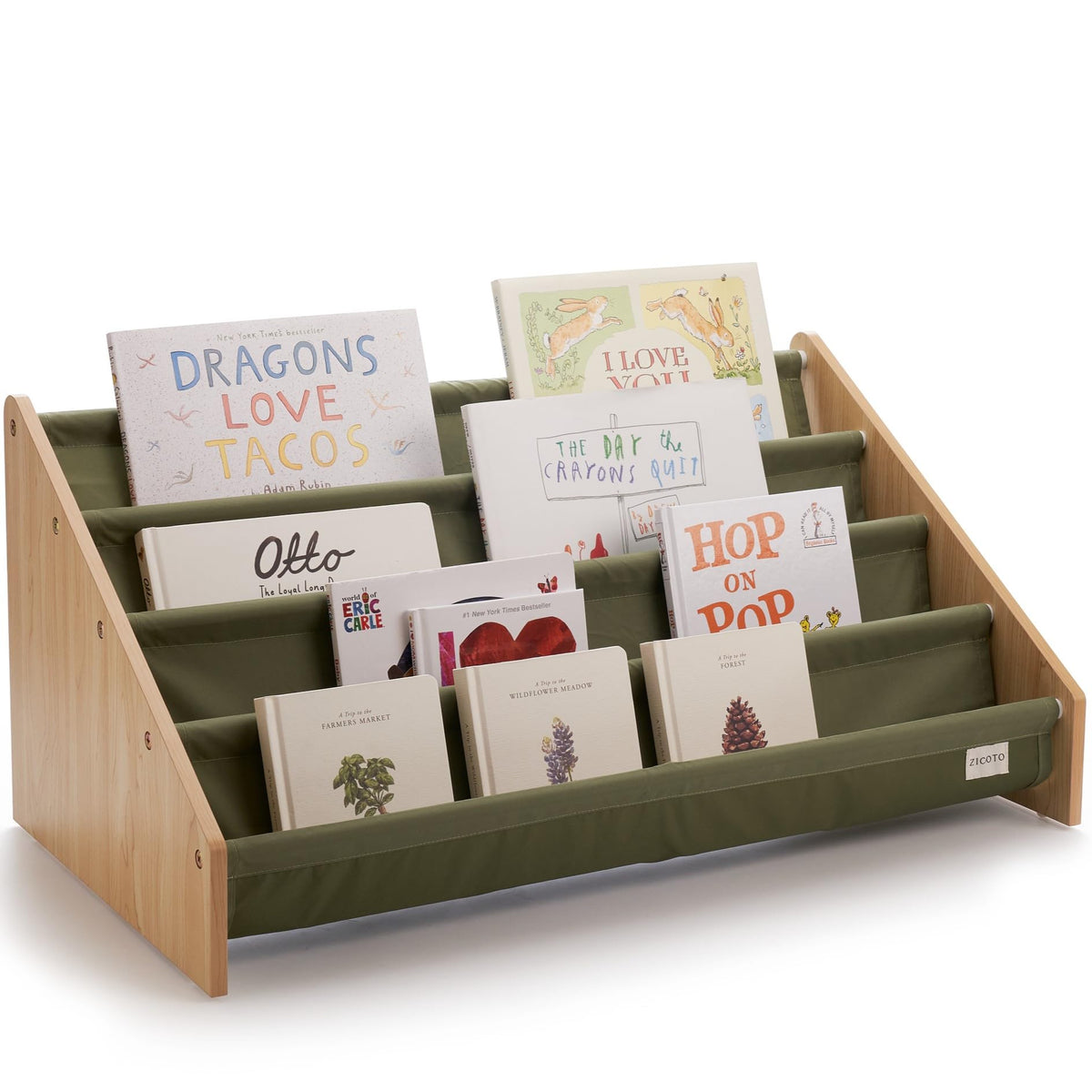 ZICOTO organized book storage helps keep toys and books tidy.