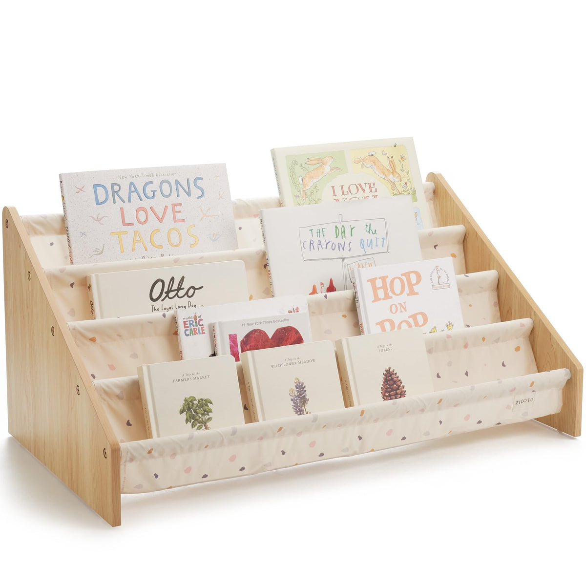 ZICOTO organized playroom with wooden shelf and books