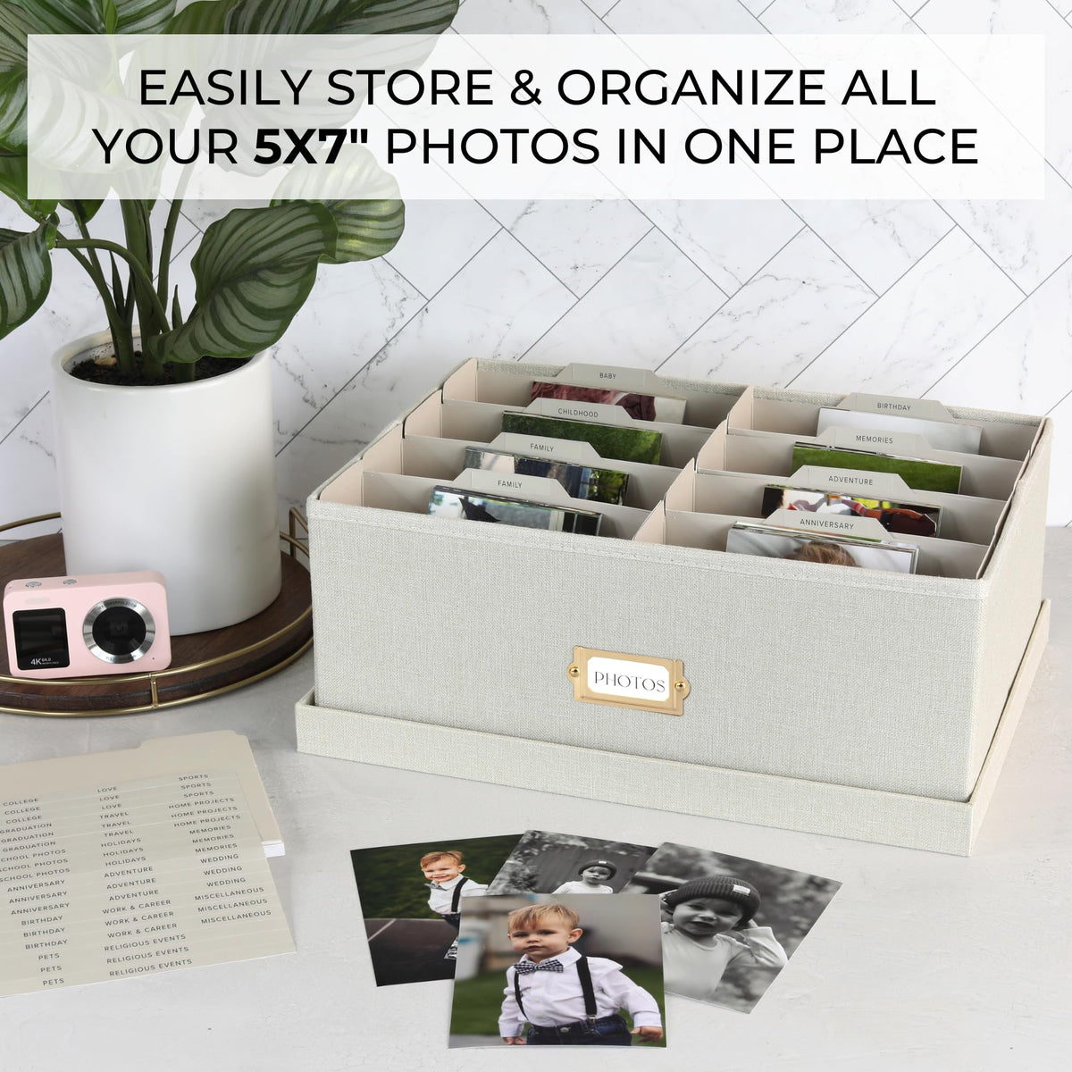 ZICOTO photo box eight compartments for organized 5x7 photo storage.