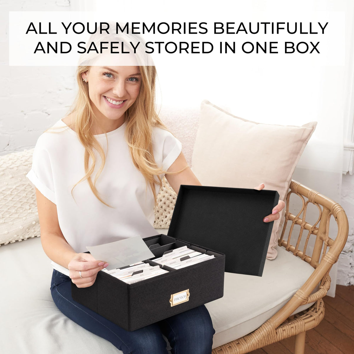 ZICOTO photo storage box eight compartments holds up to 1,700 photos for easy access.