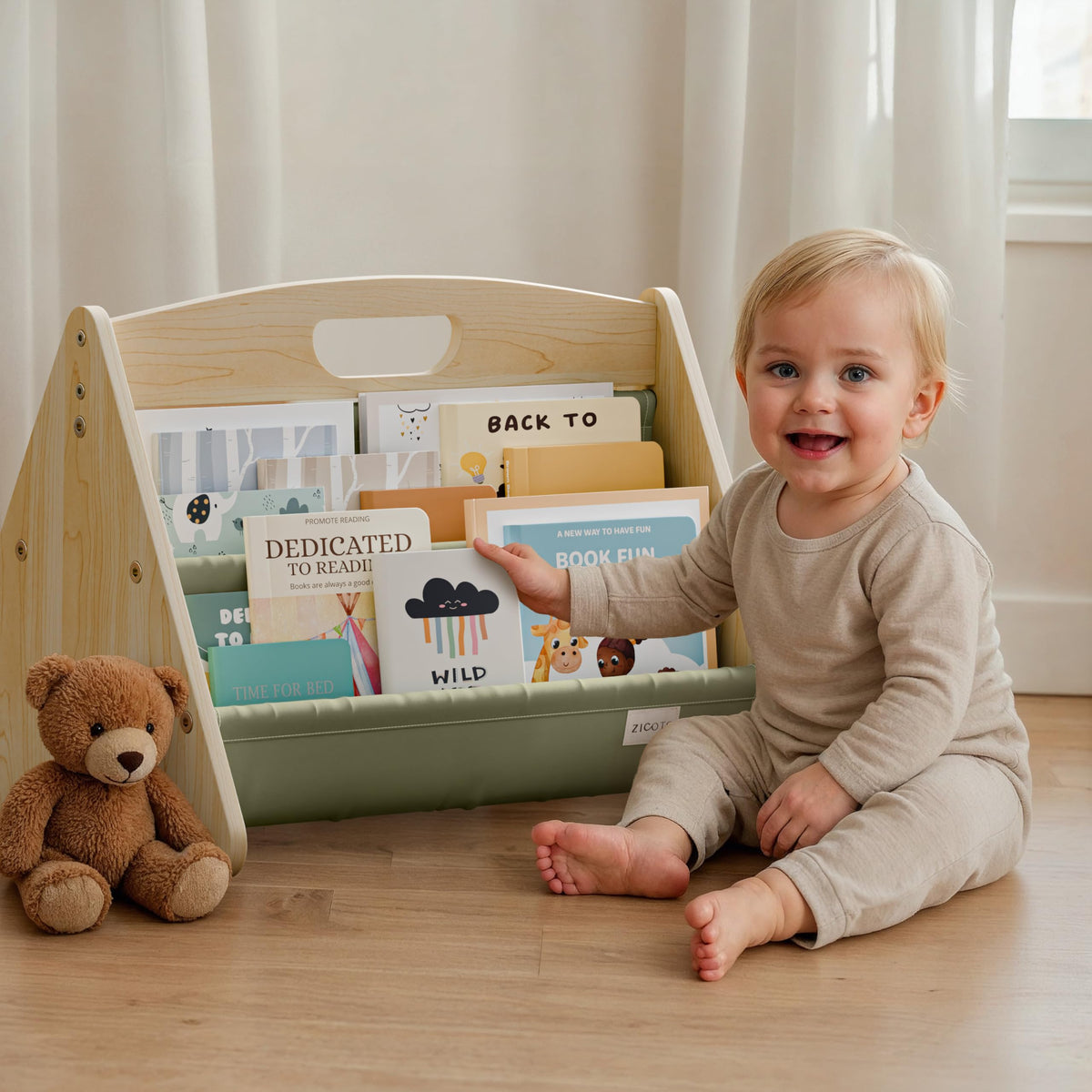 ZICOTO portable kids bookshelf with handle offers easy reach and tidy book access.