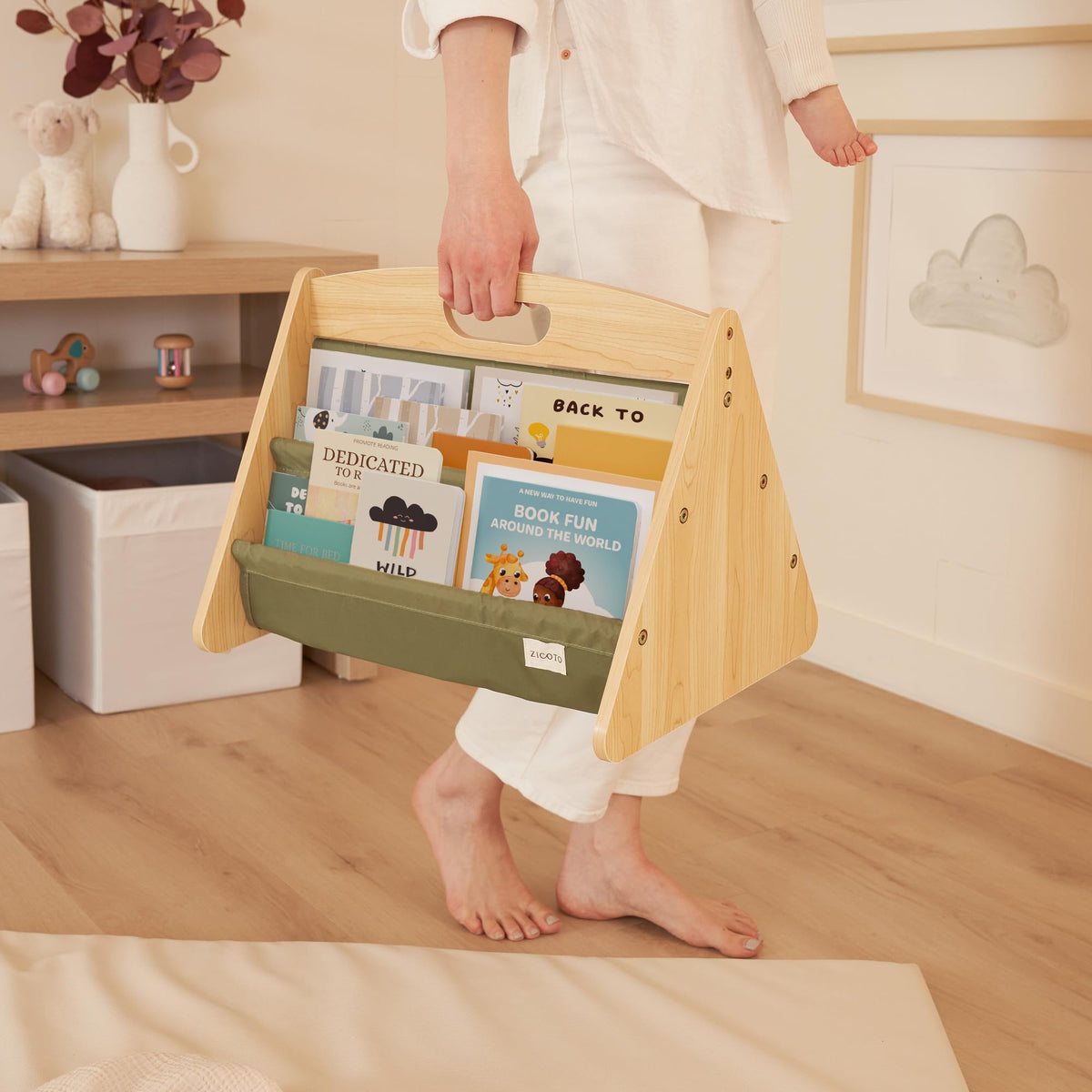 ZICOTO sage-colour bookshelf blends modern decor with kid-friendly storage.