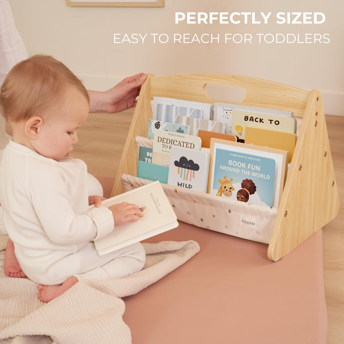 ZICOTO soft sage cabinet-style shelf fits nurseries and playrooms, guiding tidy storage.