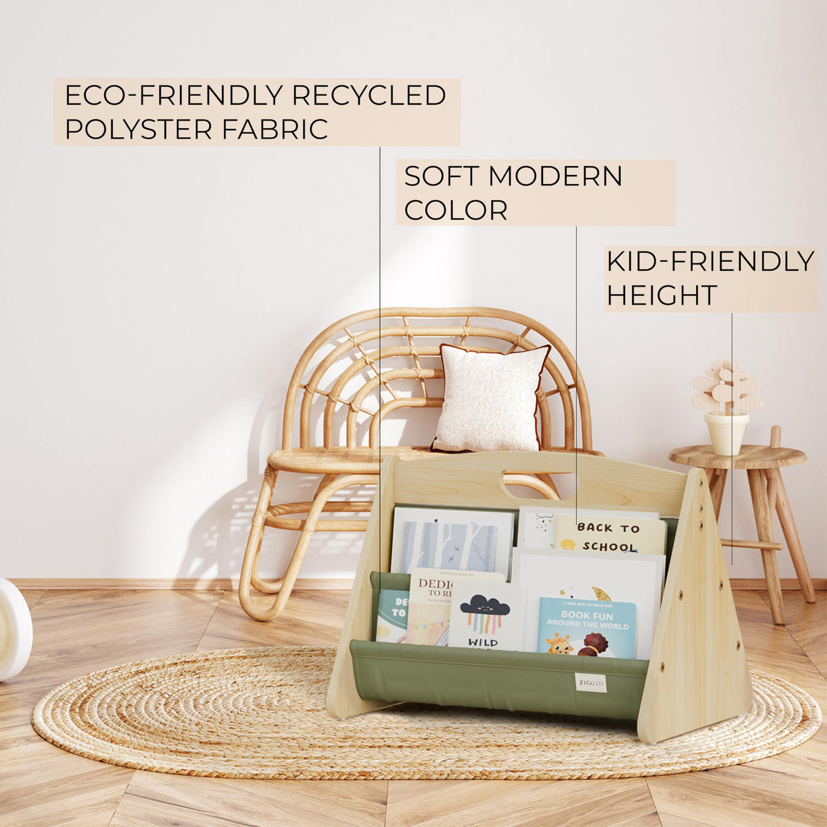 ZICOTO toddler-friendly bookshelf supports independent browsing during storytime.