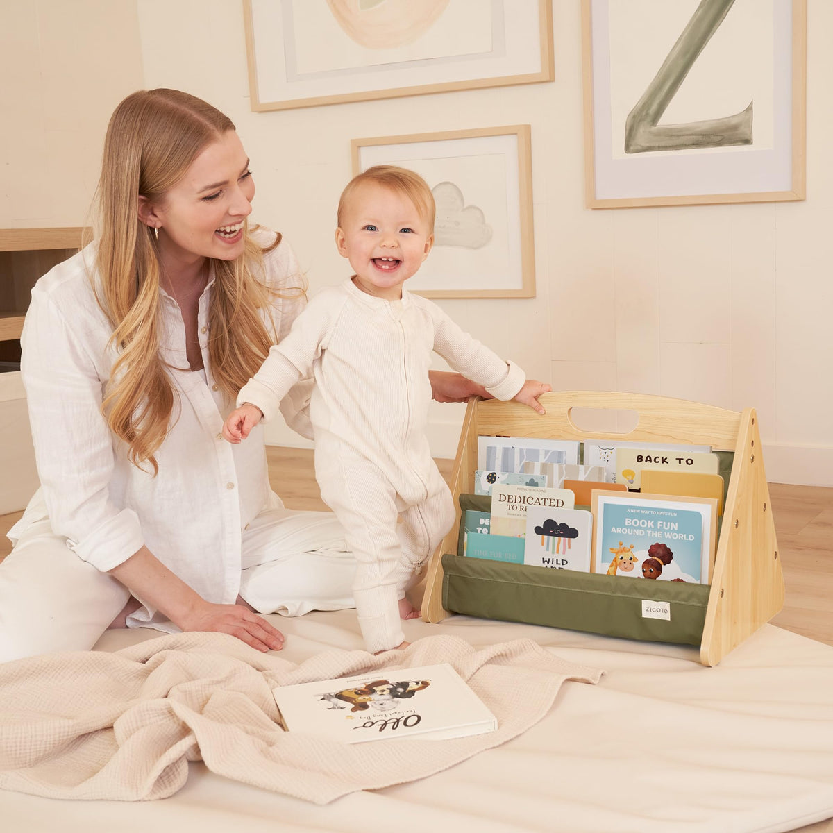ZICOTO wooden baby bookcase built for durability and Montessori-style use.