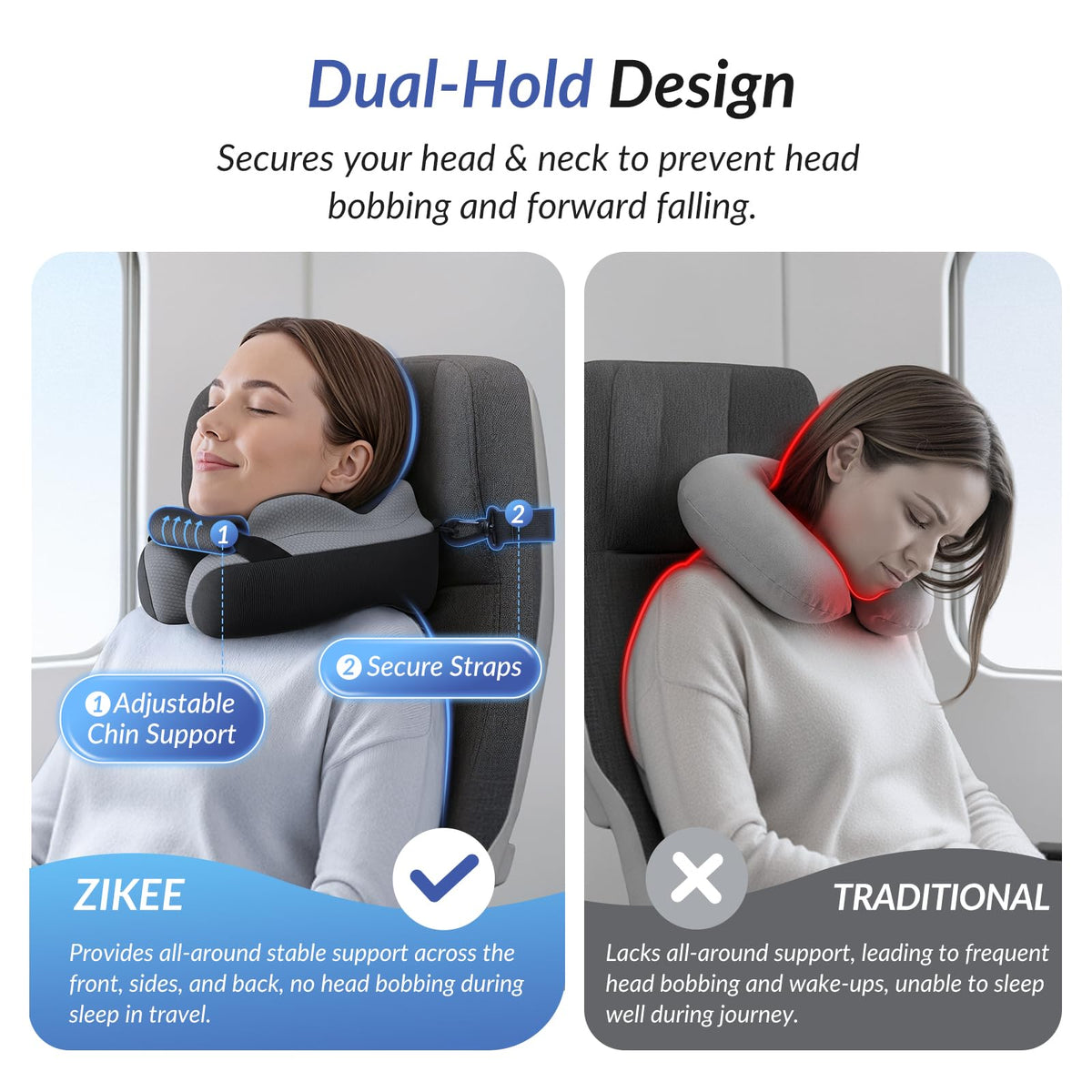 ZIKEE 360-degree ergonomic neck pillow supports head from multiple angles.